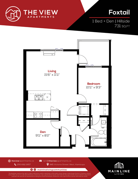 Floor plan for 1 bed, 1 bath, 731 sqft